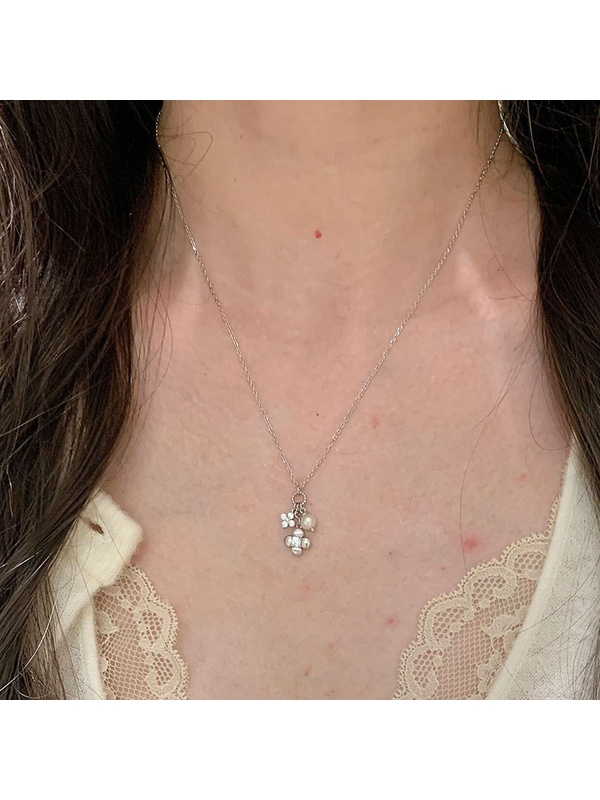 Silver Tone Clover and Pearl Charm Necklace
