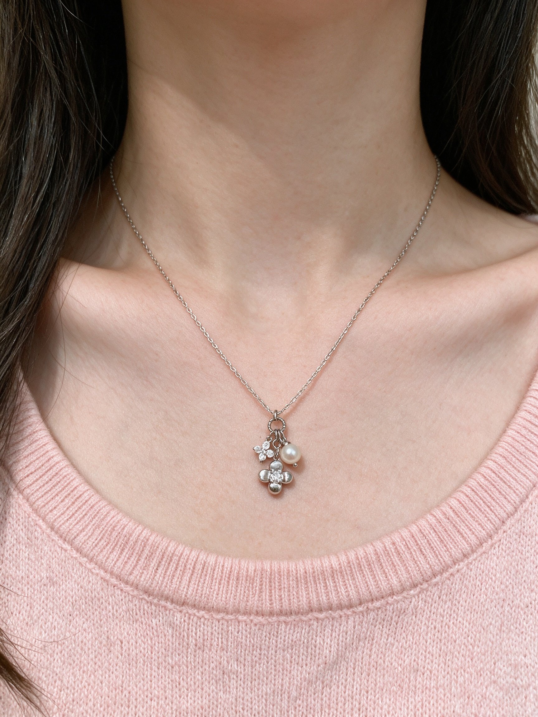 Silver Tone Clover and Pearl Charm Necklace