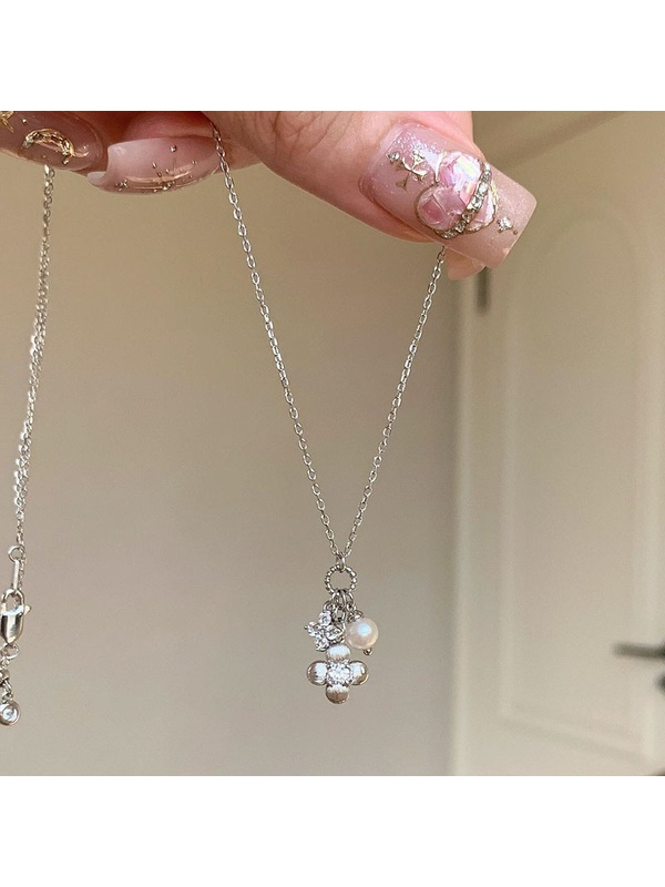 Silver Tone Clover and Pearl Charm Necklace