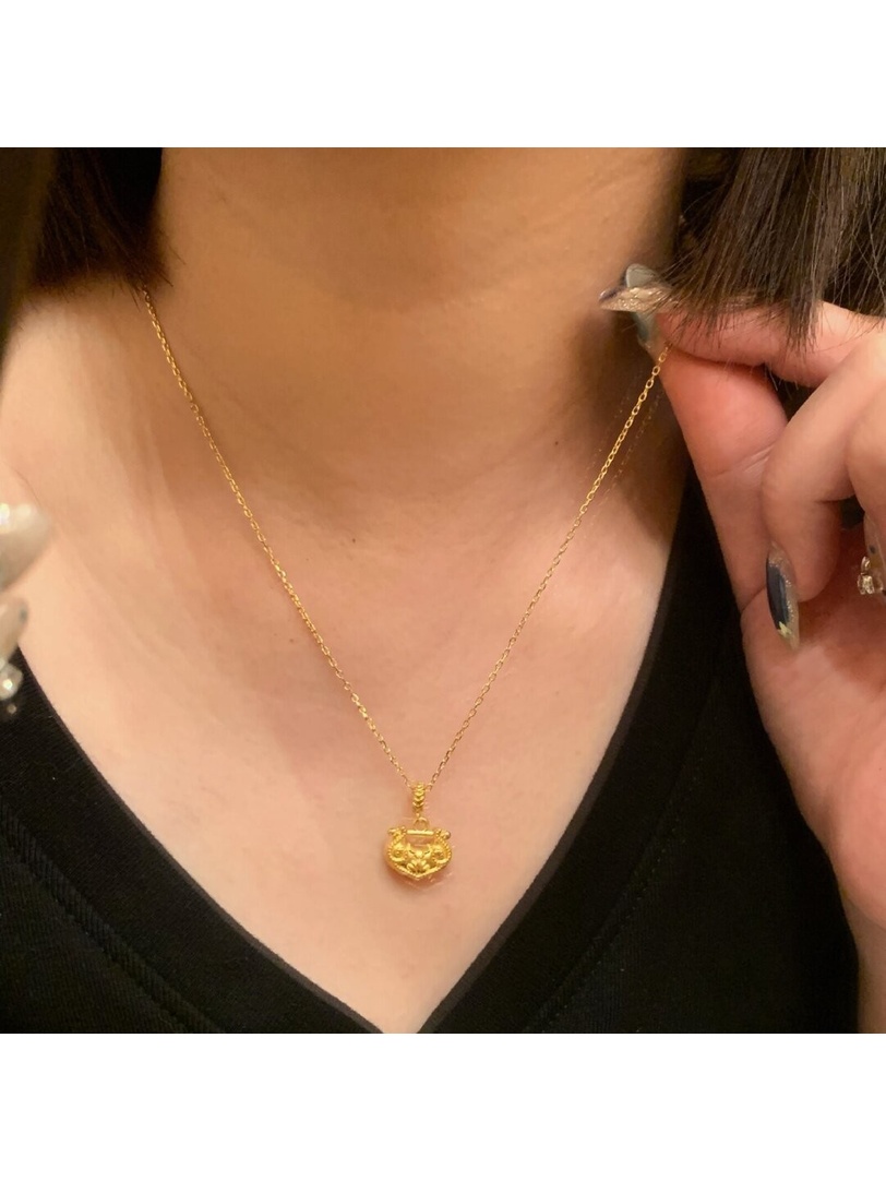Gold Tone Lotus Lock Pendant Necklace for Women