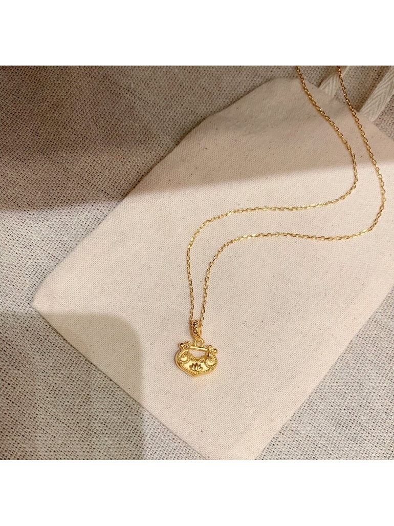 Gold Tone Lotus Lock Pendant Necklace for Women