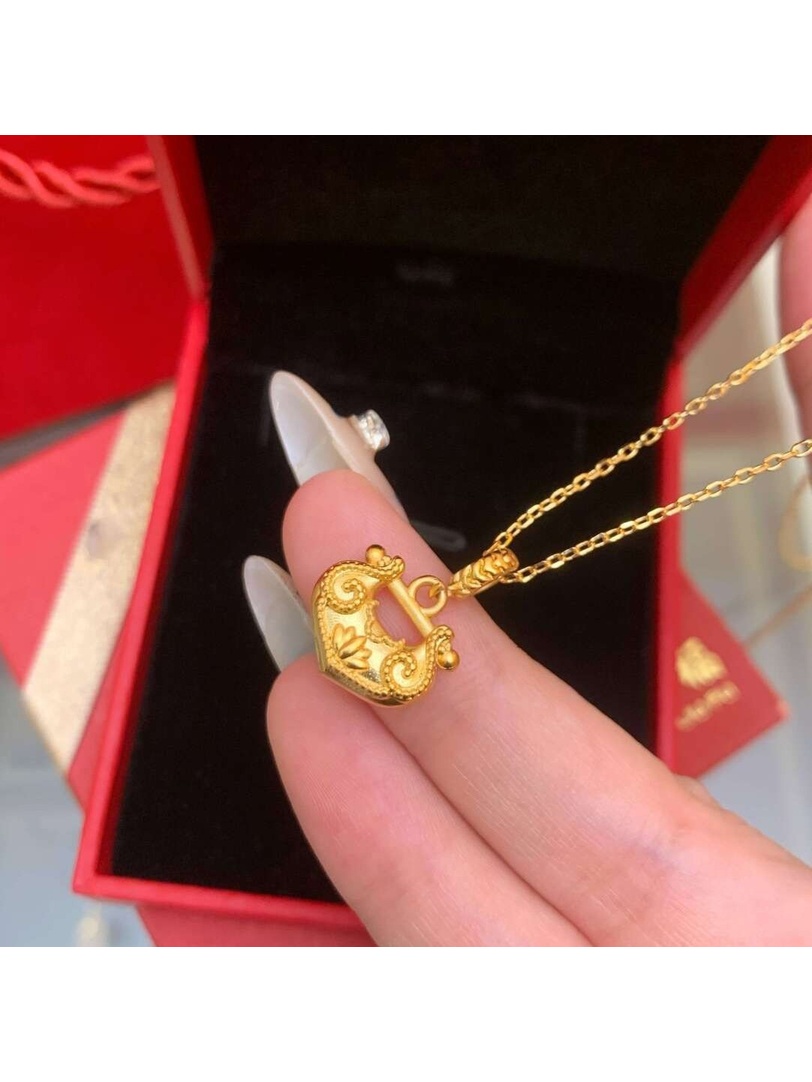 Gold Tone Lotus Lock Pendant Necklace for Women