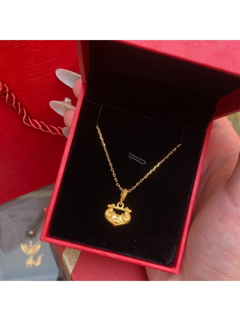 Gold Tone Lotus Lock Pendant Necklace for Women