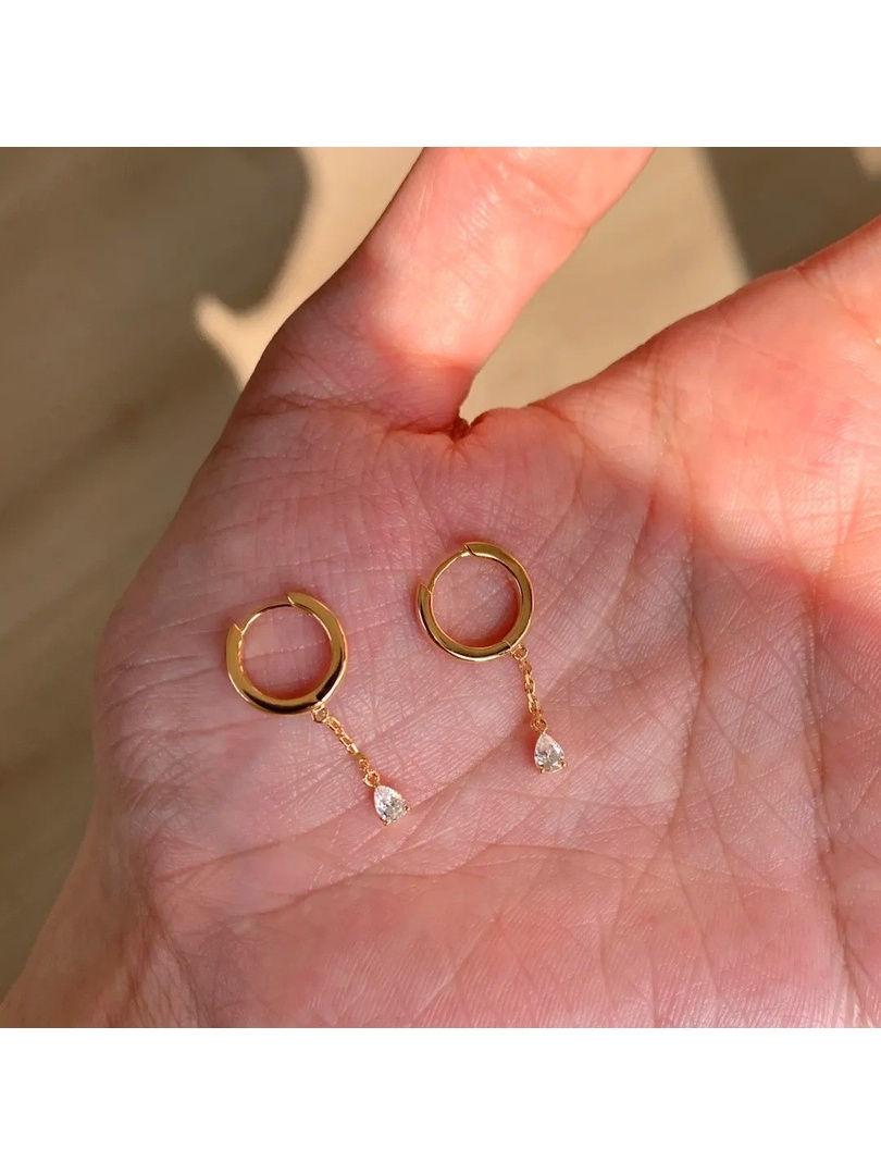 Gold Tone with Teardrop Zircon Charm Hoop Earrings