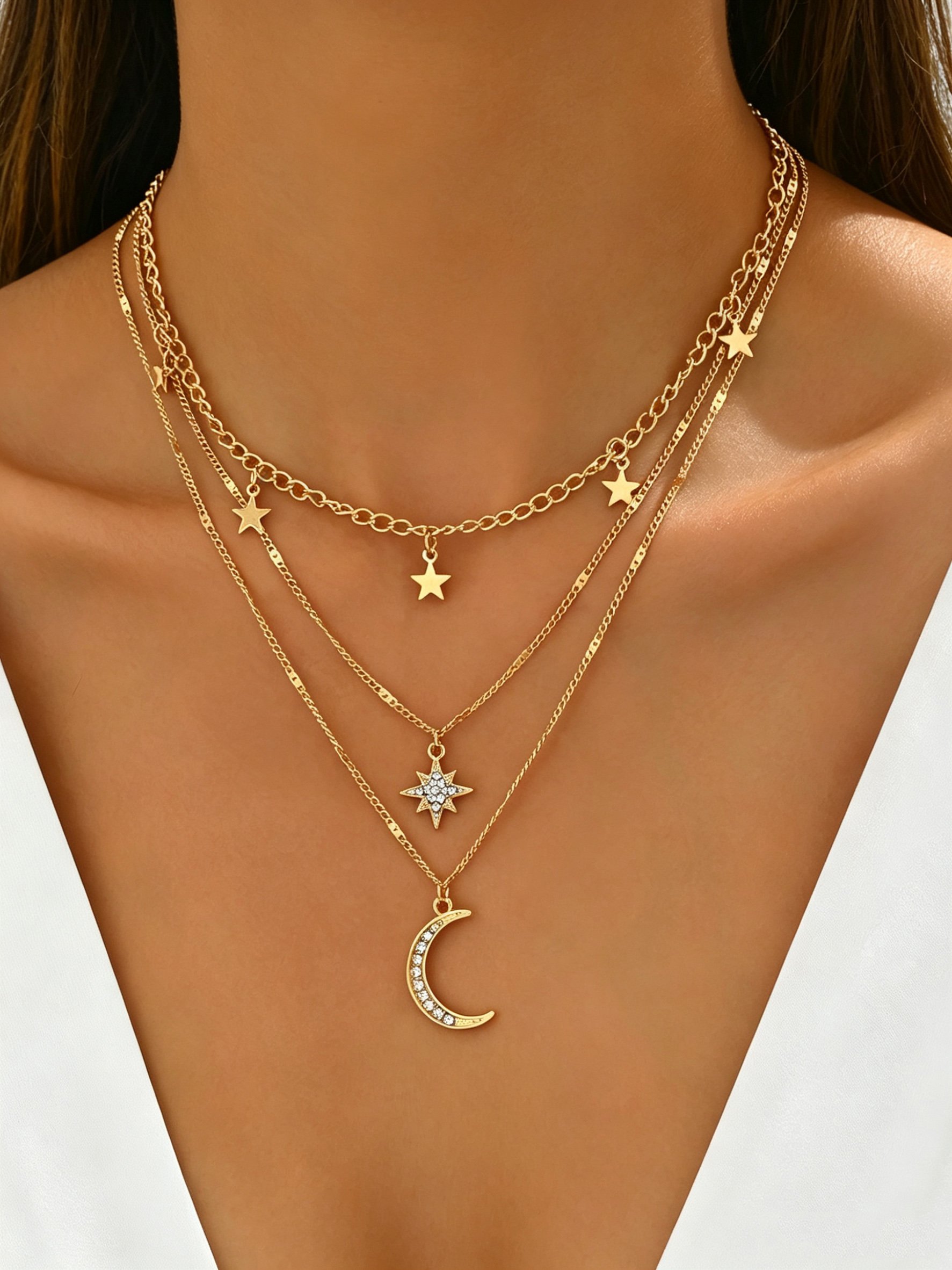 Golden Layered Star and Moon Necklace