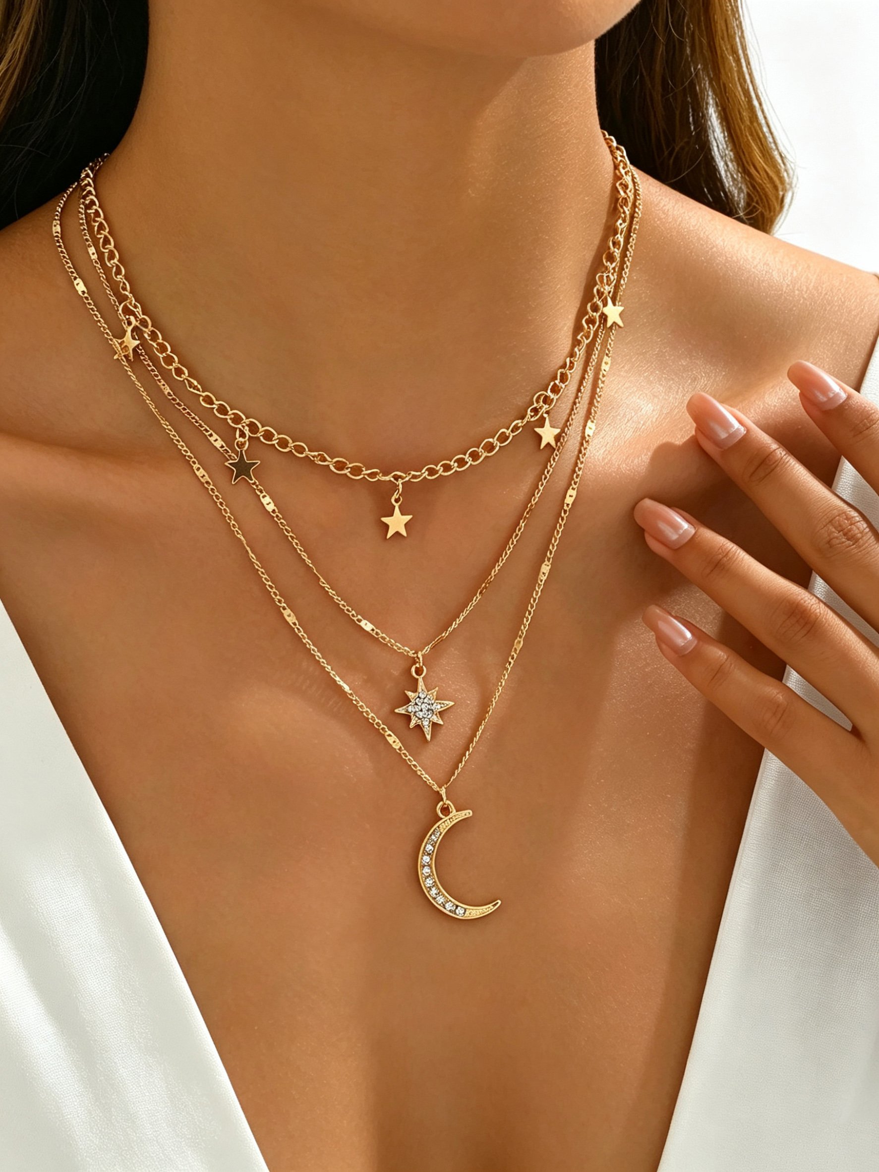 Golden Layered Star and Moon Necklace