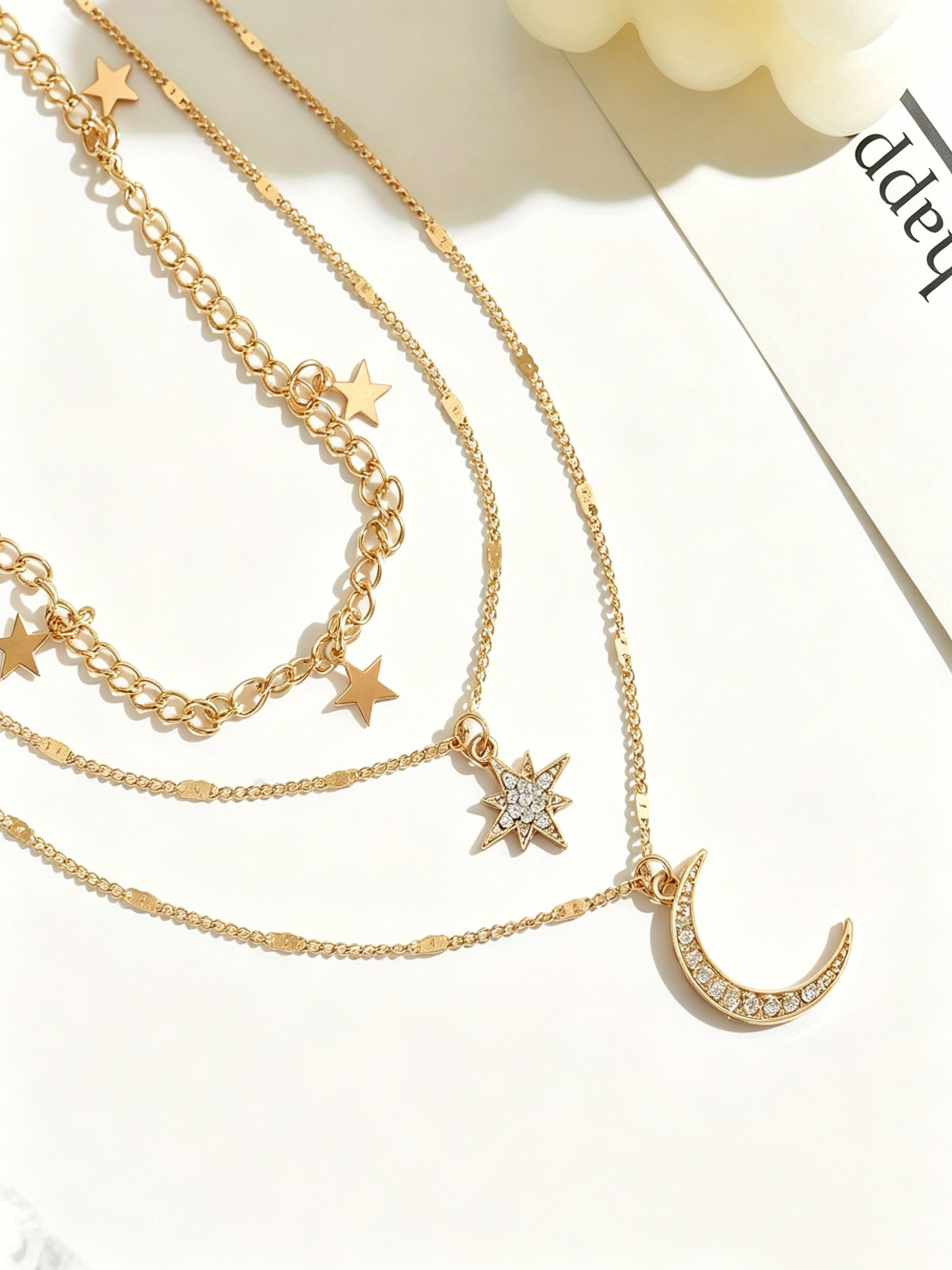 Golden Layered Star and Moon Necklace