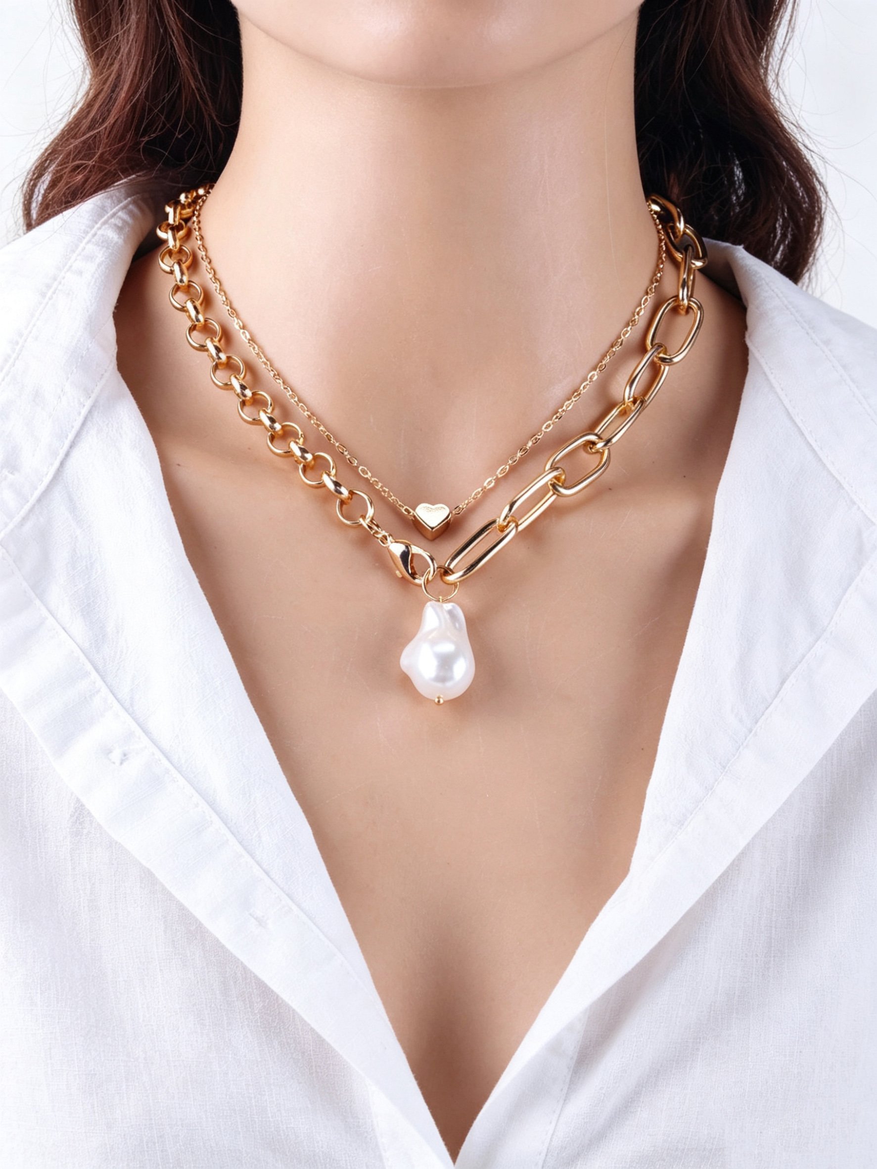 Gold Layered Necklace Set with Baroque Pearl and Heart Charm