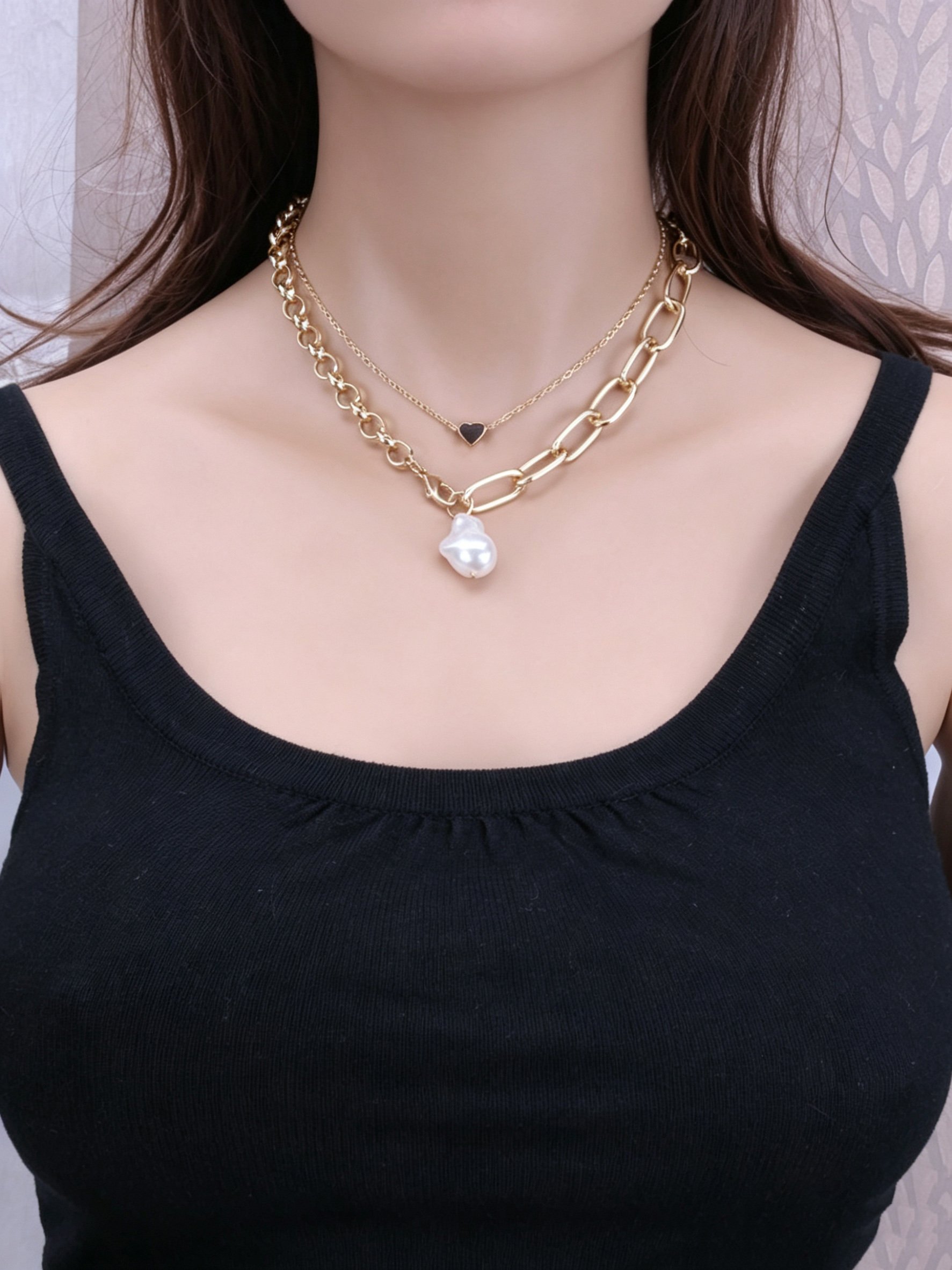 Gold Layered Necklace Set with Baroque Pearl and Heart Charm