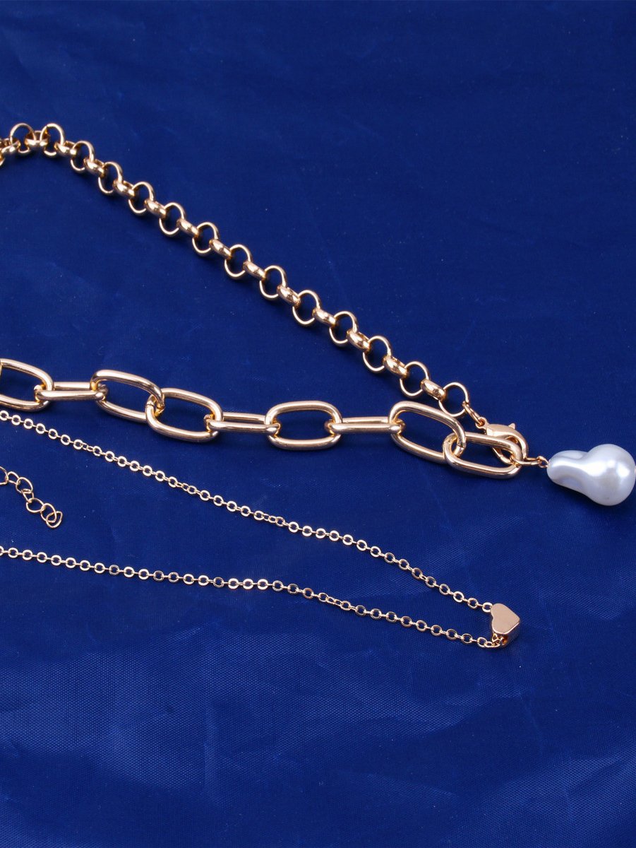 Gold Layered Necklace Set with Baroque Pearl and Heart Charm
