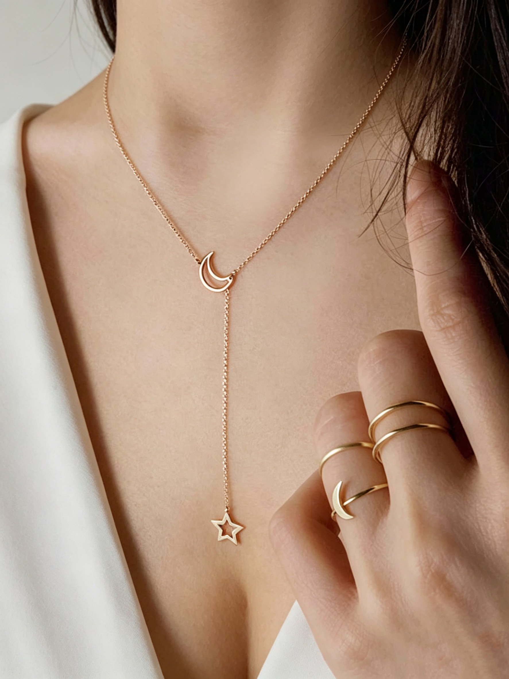 Gold Moon and Star Y-Lariat Necklace
