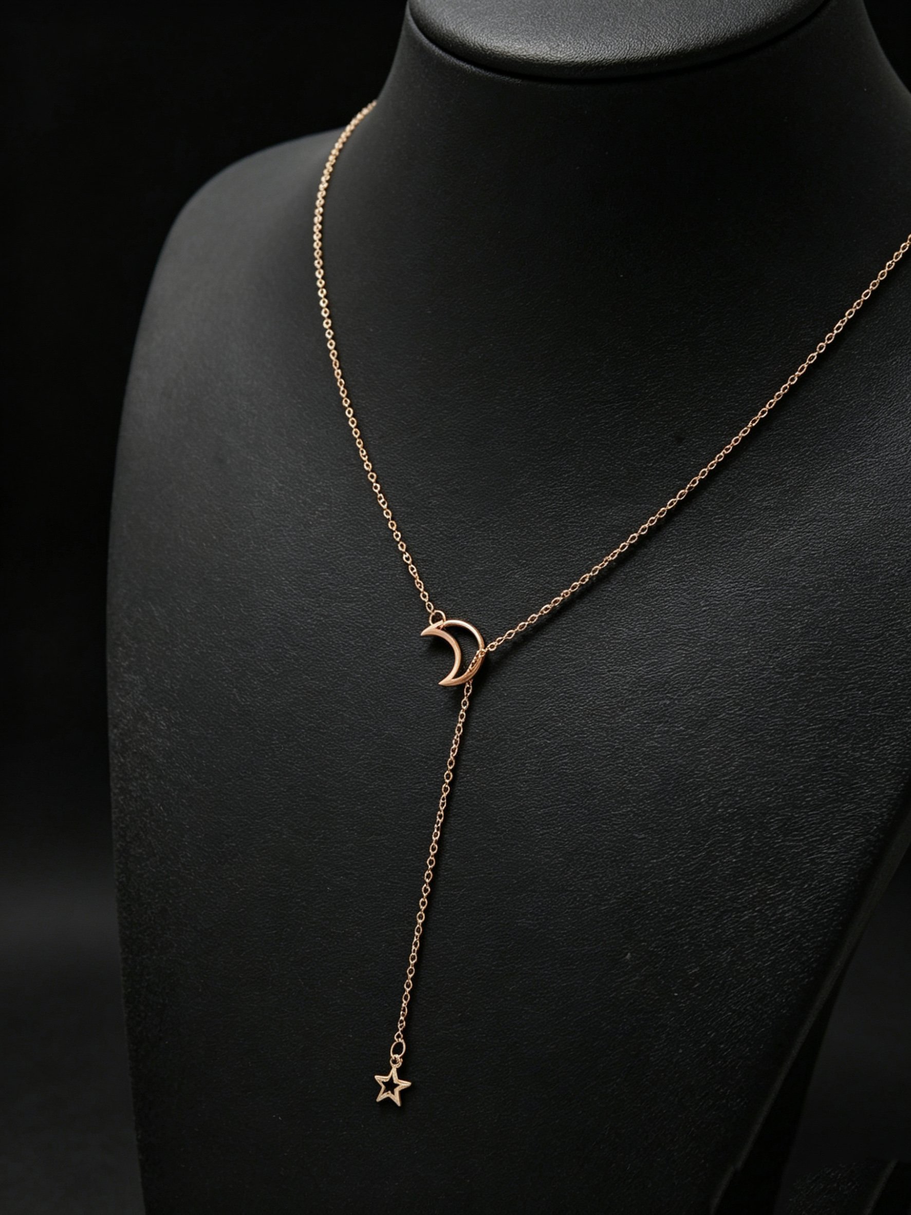 Gold Moon and Star Y-Lariat Necklace