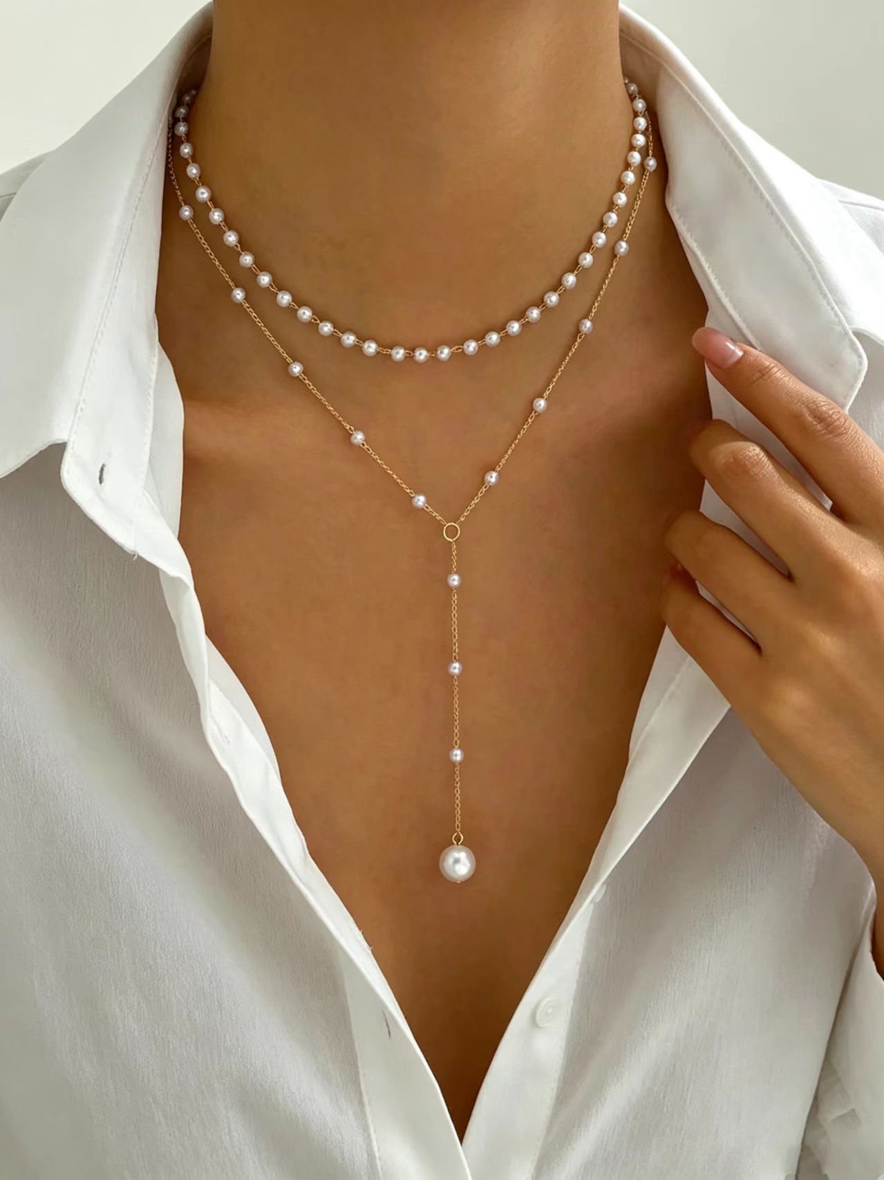 Gold Pearl Y-Lariat Necklace