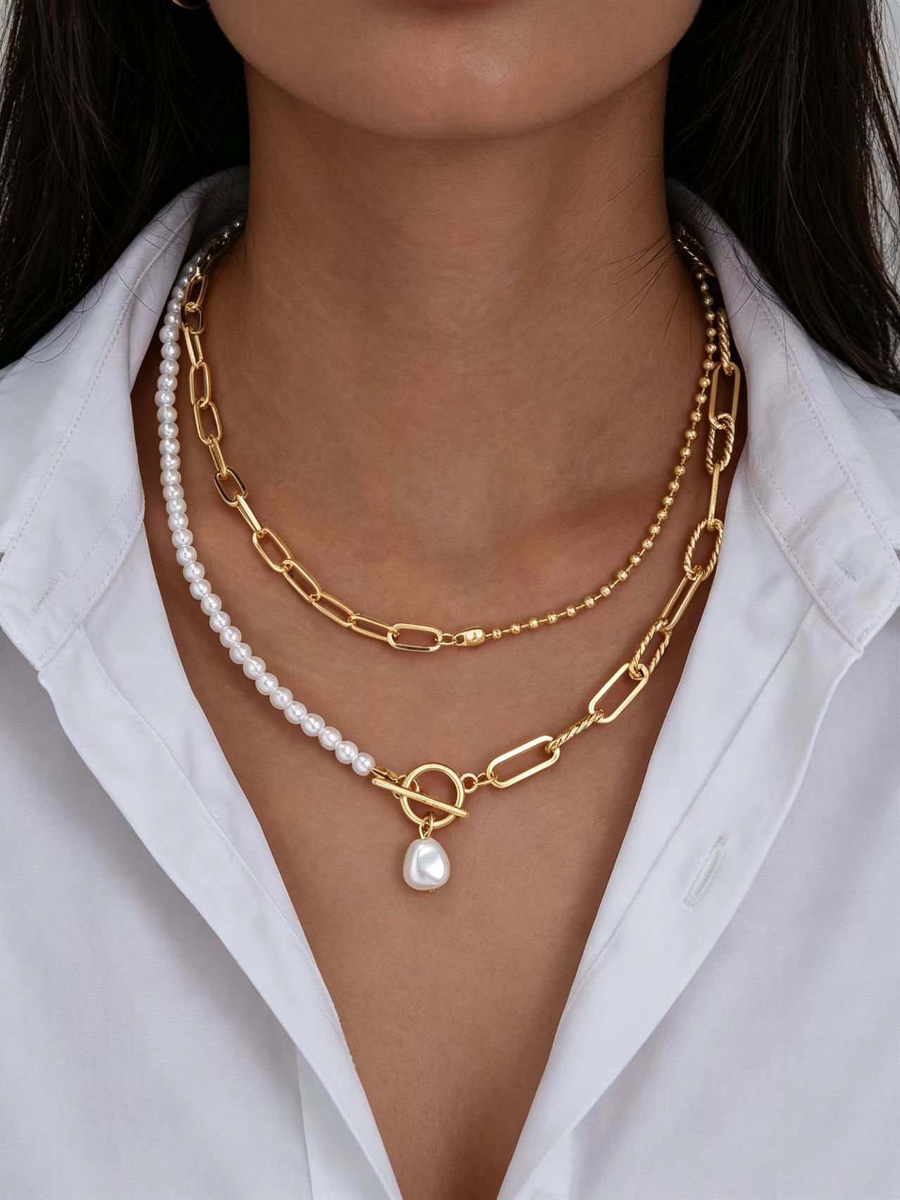 Gold Layered Pearl and Chain Necklace Set 