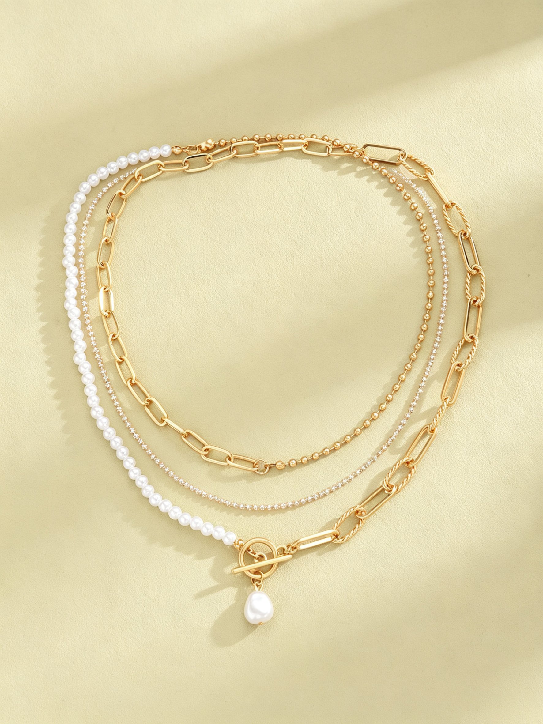 Gold Layered Pearl and Chain Necklace Set 