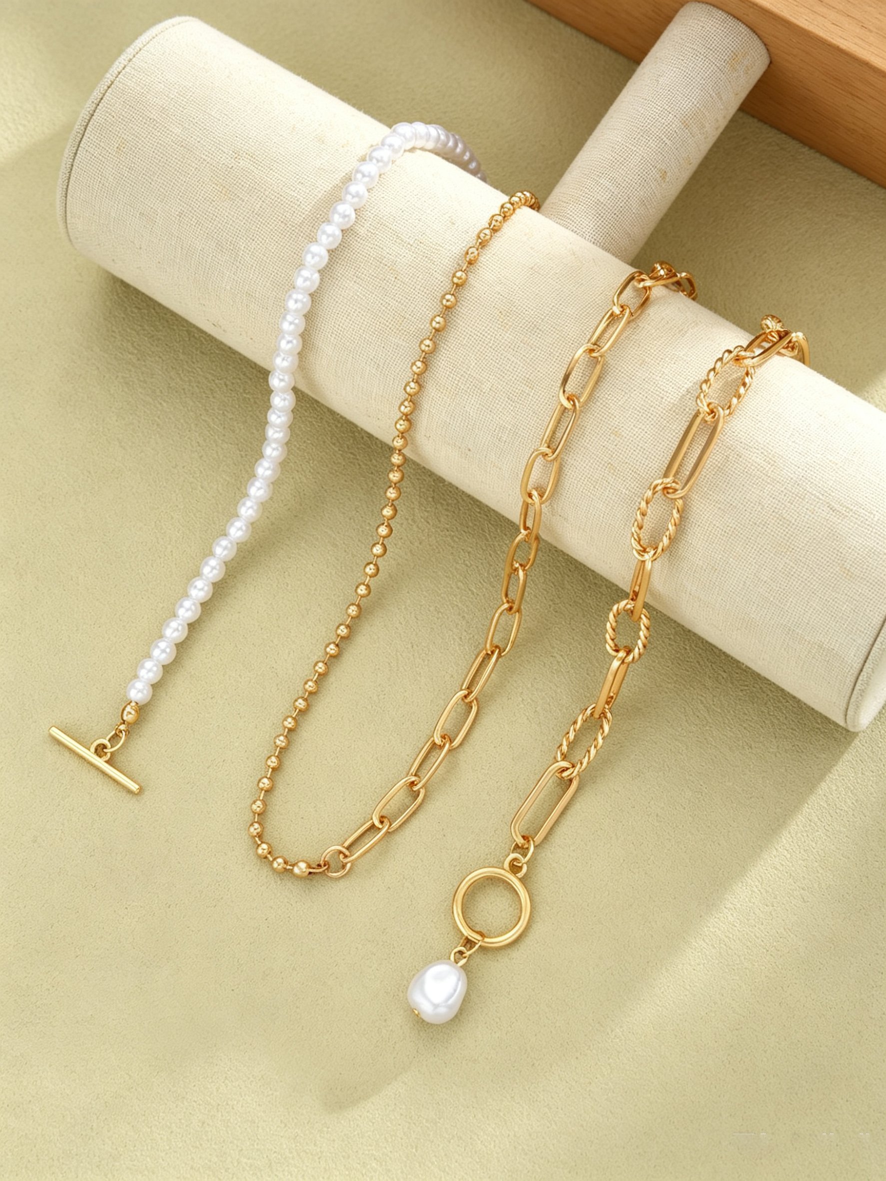 Gold Layered Pearl and Chain Necklace Set 