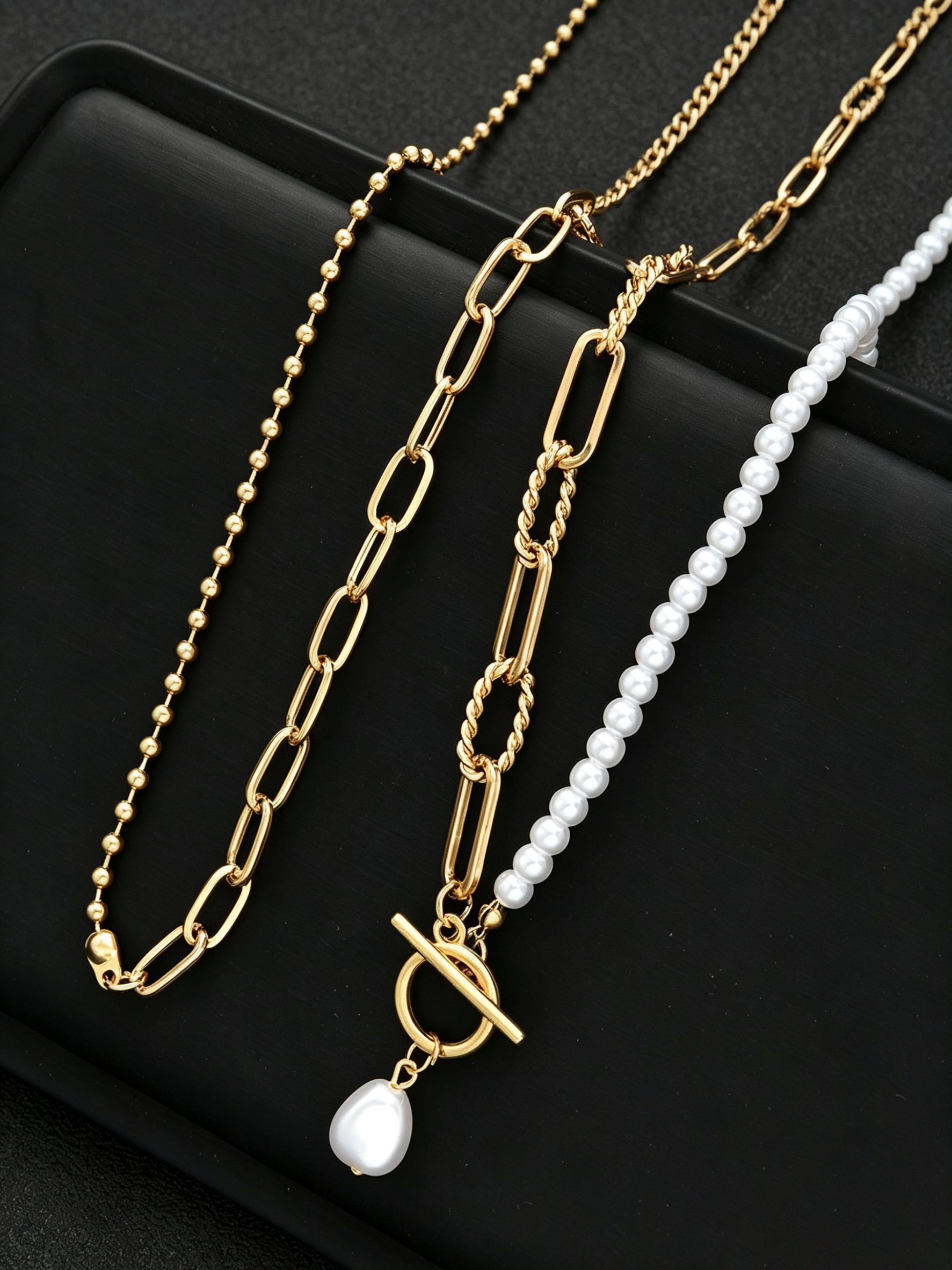 Gold Layered Pearl and Chain Necklace Set 