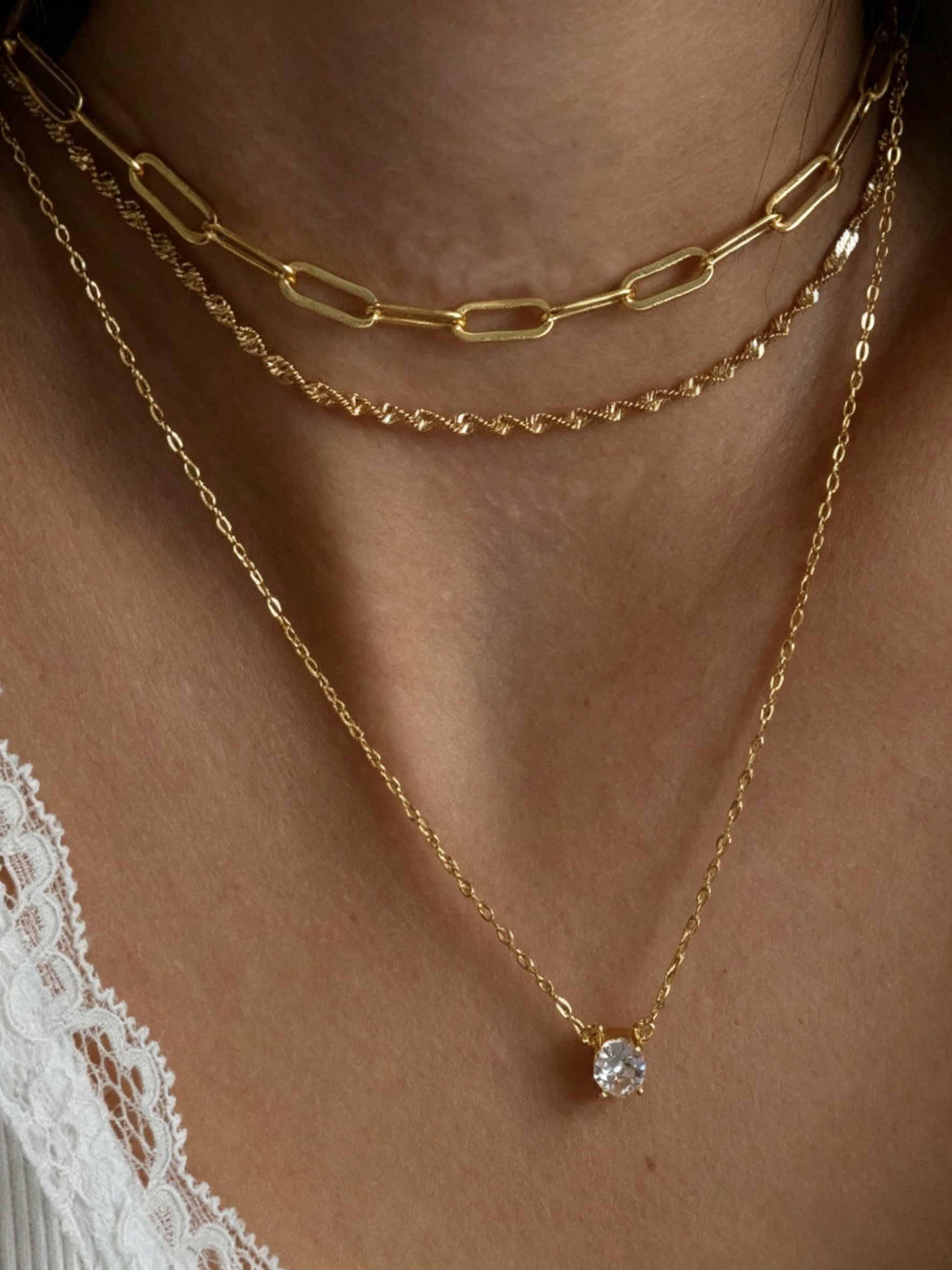 Gold Layered Necklace Set with Zircon Pendant