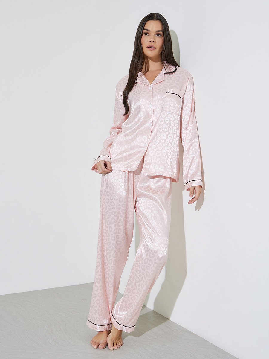 Pink Animal Jacquard Contrast Piping Shirt and Pants Pyjama Set