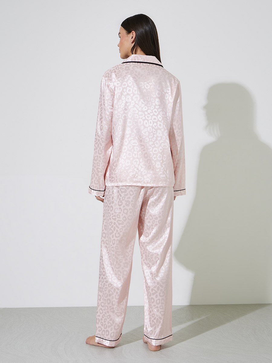 Pink Animal Jacquard Contrast Piping Shirt and Pants Pyjama Set