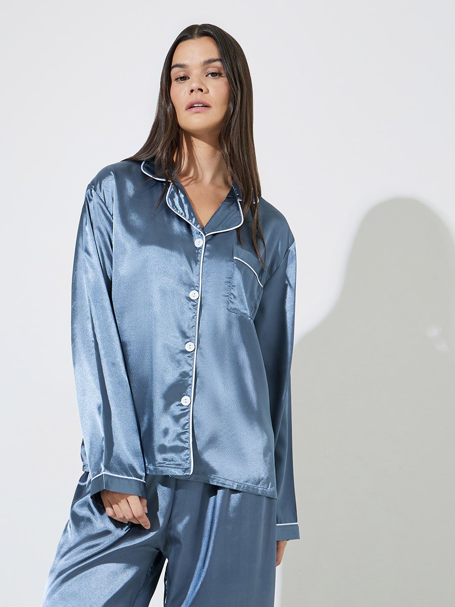 Blue Contrast Trims Satin Shirt and Straight Leg Pants Pyjama Set