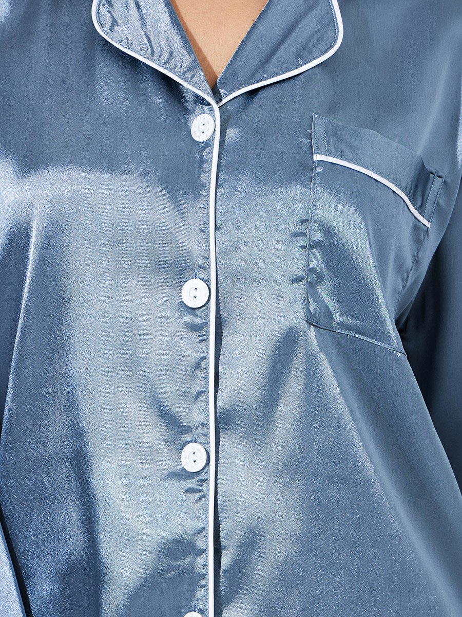 Blue Contrast Trims Satin Shirt and Straight Leg Pants Pyjama Set
