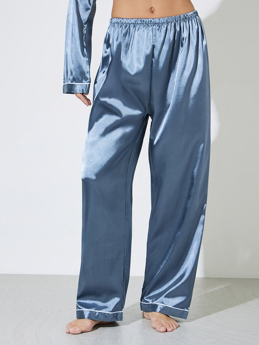 Blue Contrast Trims Satin Shirt and Straight Leg Pants Pyjama Set