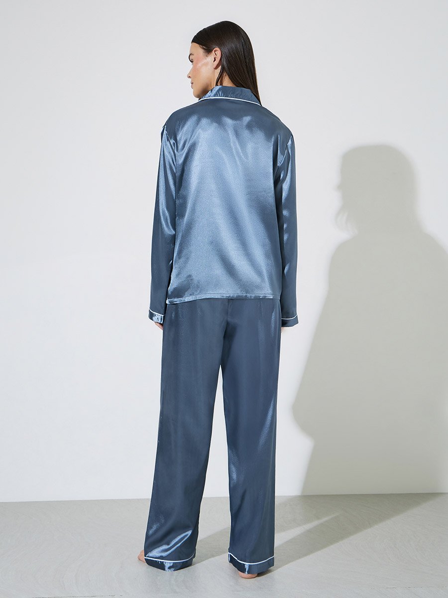 Blue Contrast Trims Satin Shirt and Straight Leg Pants Pyjama Set