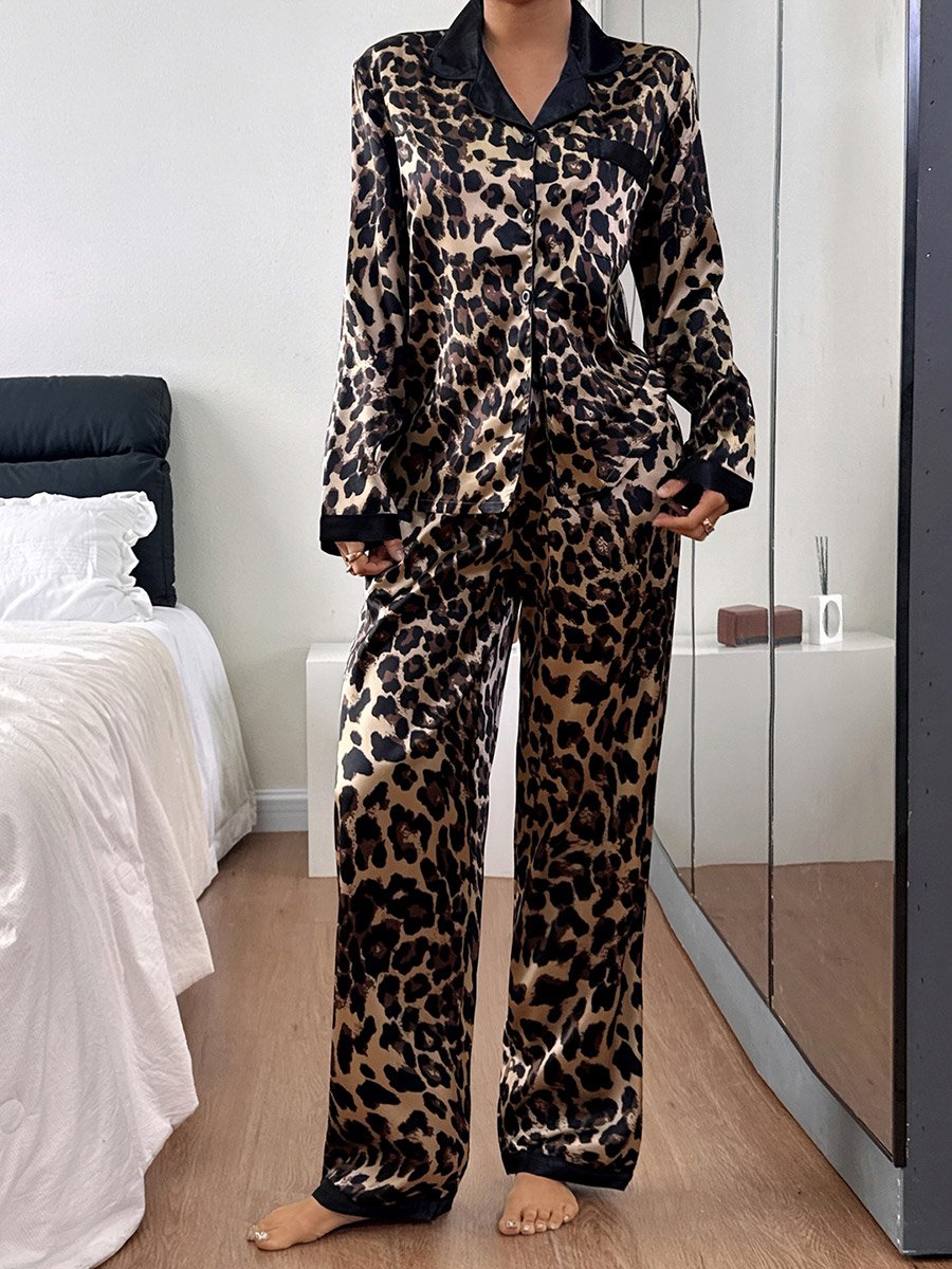 Multi-Color Leopard Print Shirt and Straight Leg Pants Pyjama Set