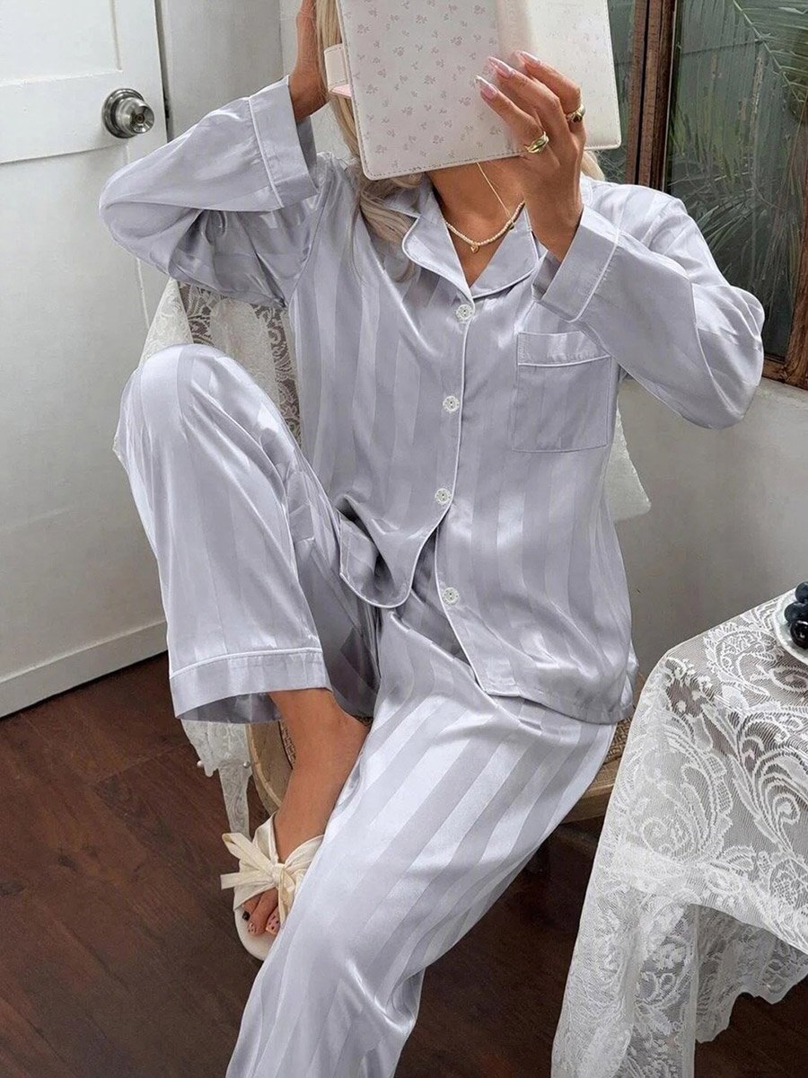 Grey Striped Long Sleeves Shirt and Straight Leg Pants Pyjama Set