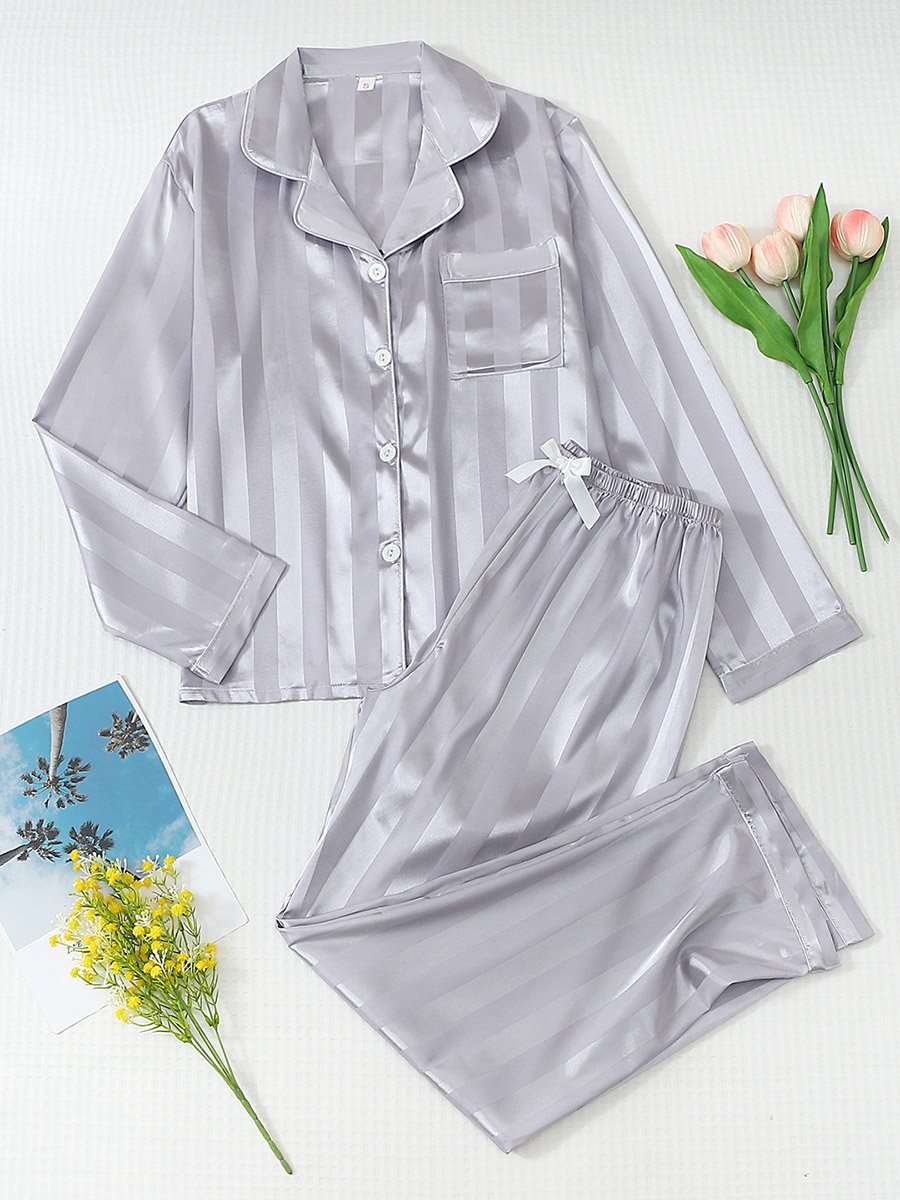 Grey Striped Long Sleeves Shirt and Straight Leg Pants Pyjama Set