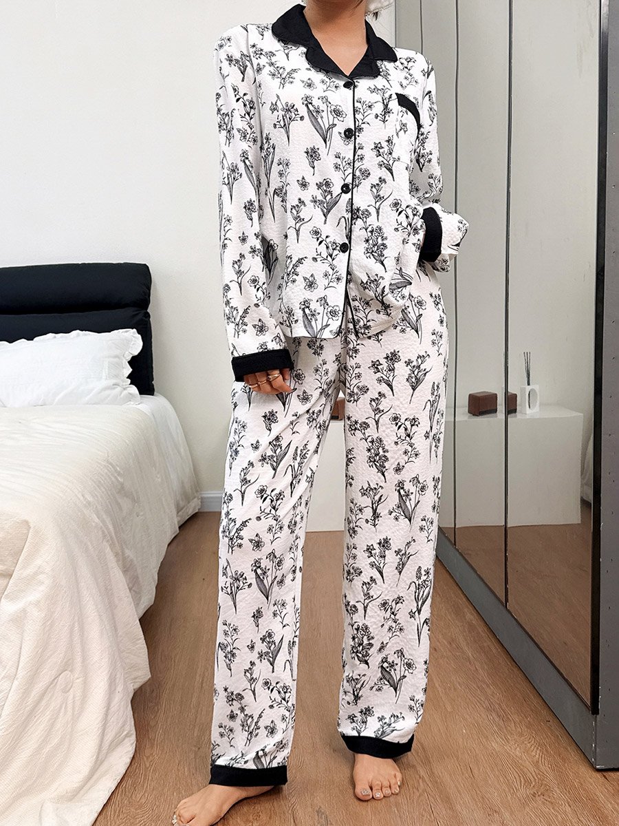 Multi-Color All Over Floral Print Shirt and Straight Leg Pants Pyjama Set