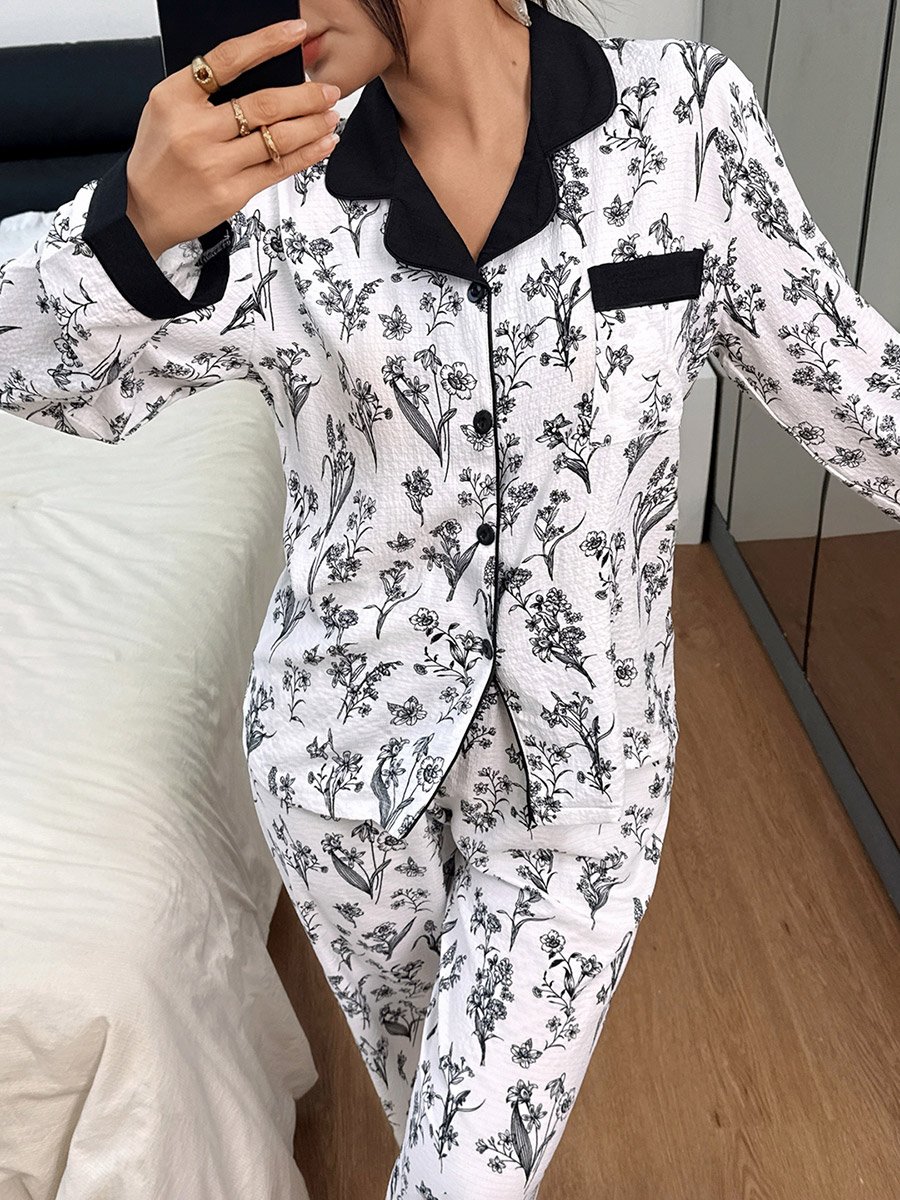 Multi-Color All Over Floral Print Shirt and Straight Leg Pants Pyjama Set