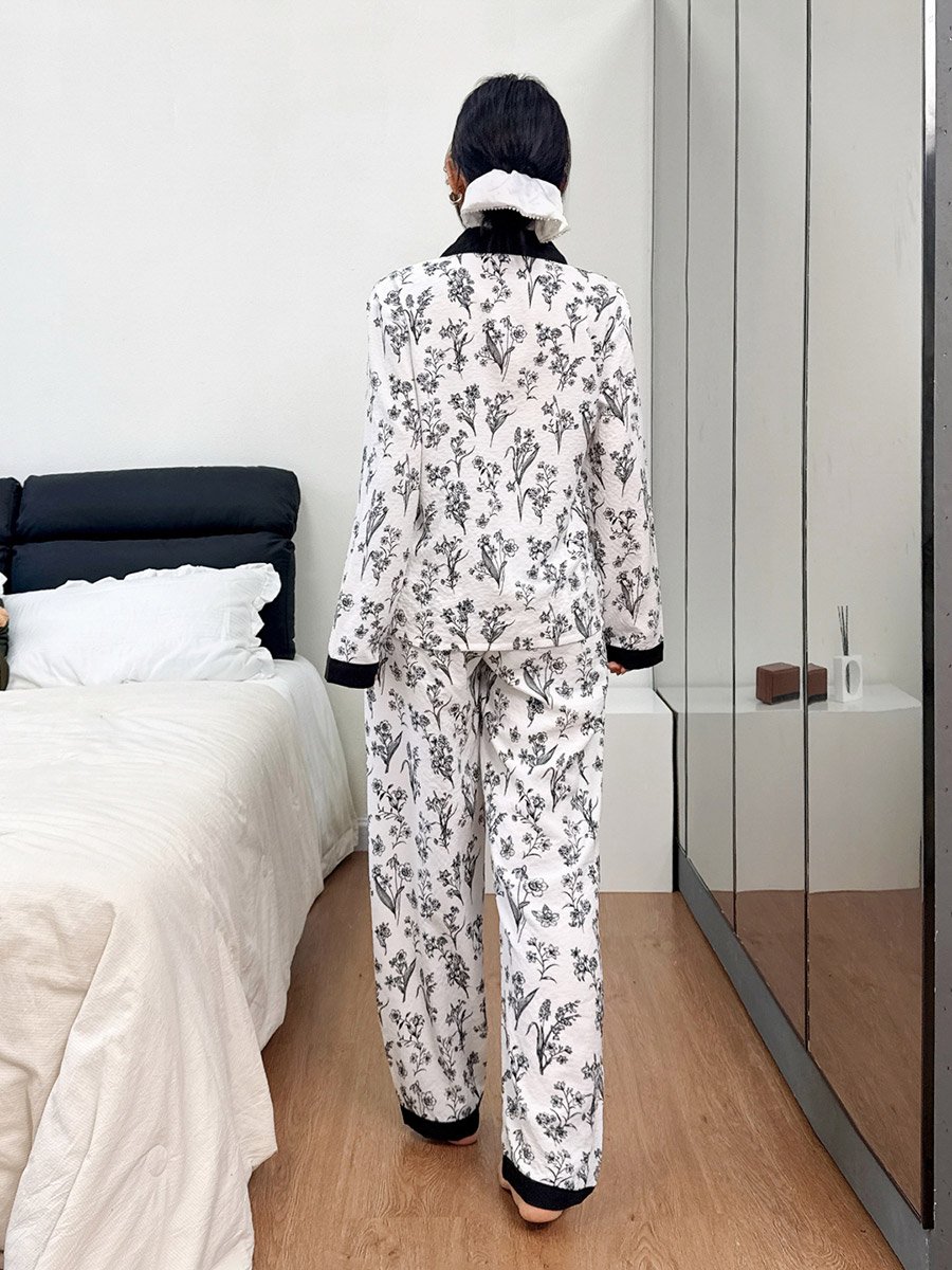 Multi-Color All Over Floral Print Shirt and Straight Leg Pants Pyjama Set