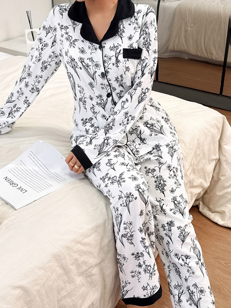 Multi-Color All Over Floral Print Shirt and Straight Leg Pants Pyjama Set