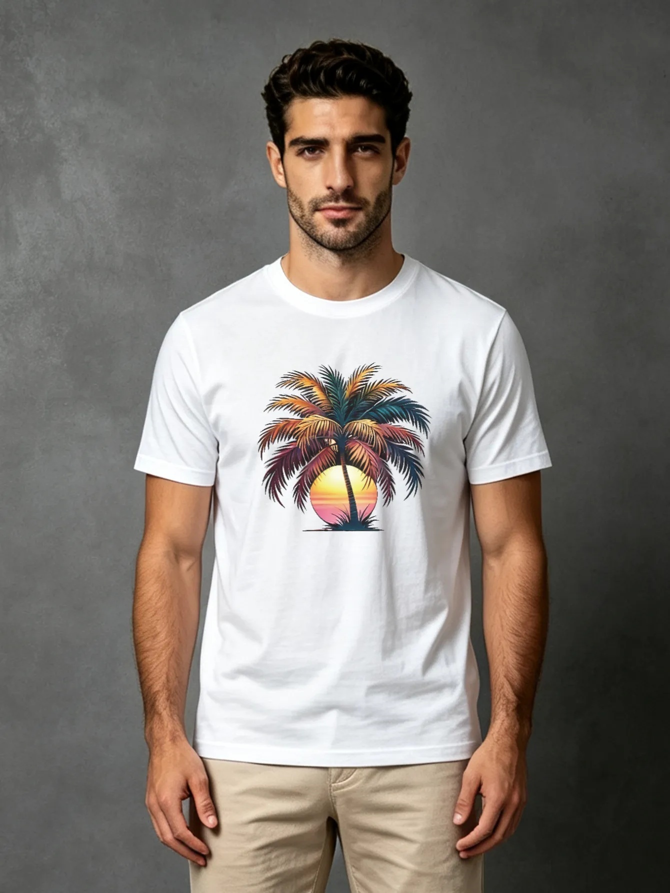White Palm Tree Print Round Neck T-Shirt