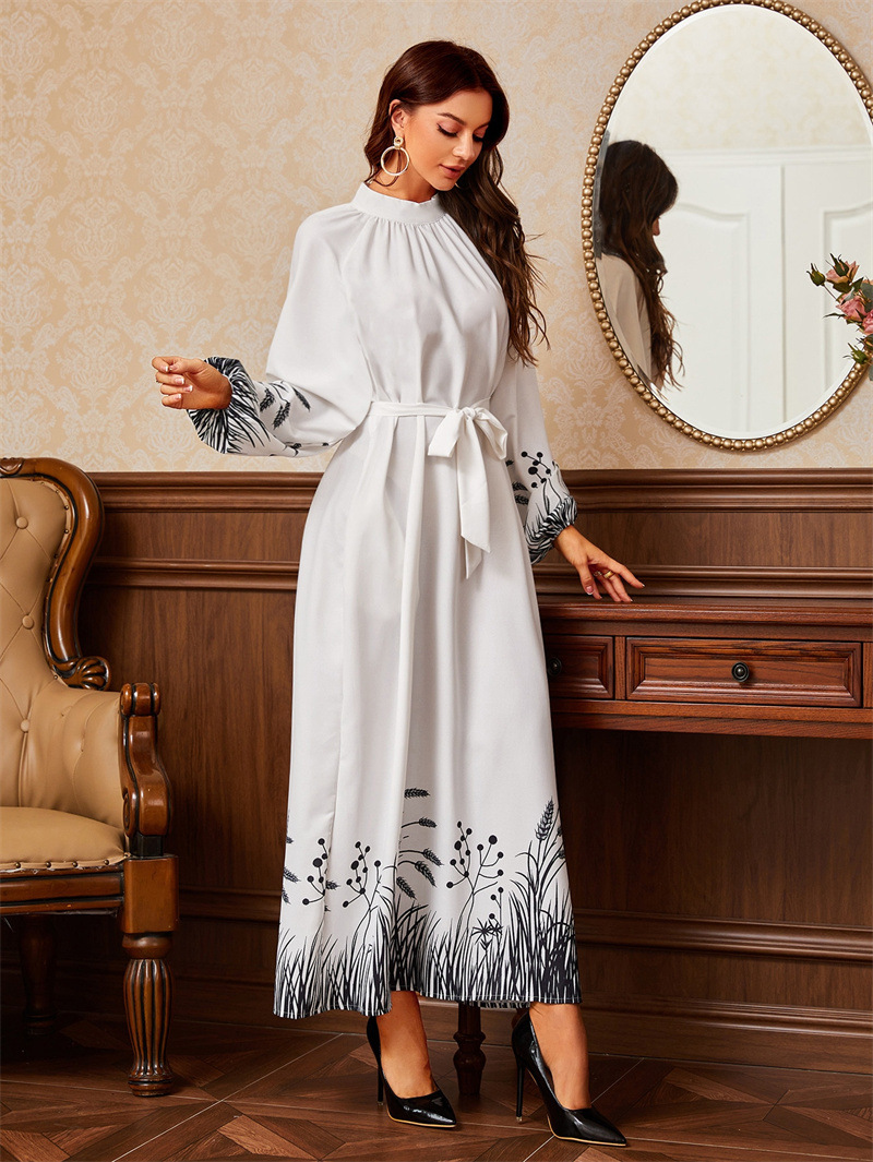 White Printed High Neck A-Line Ankle length Dress