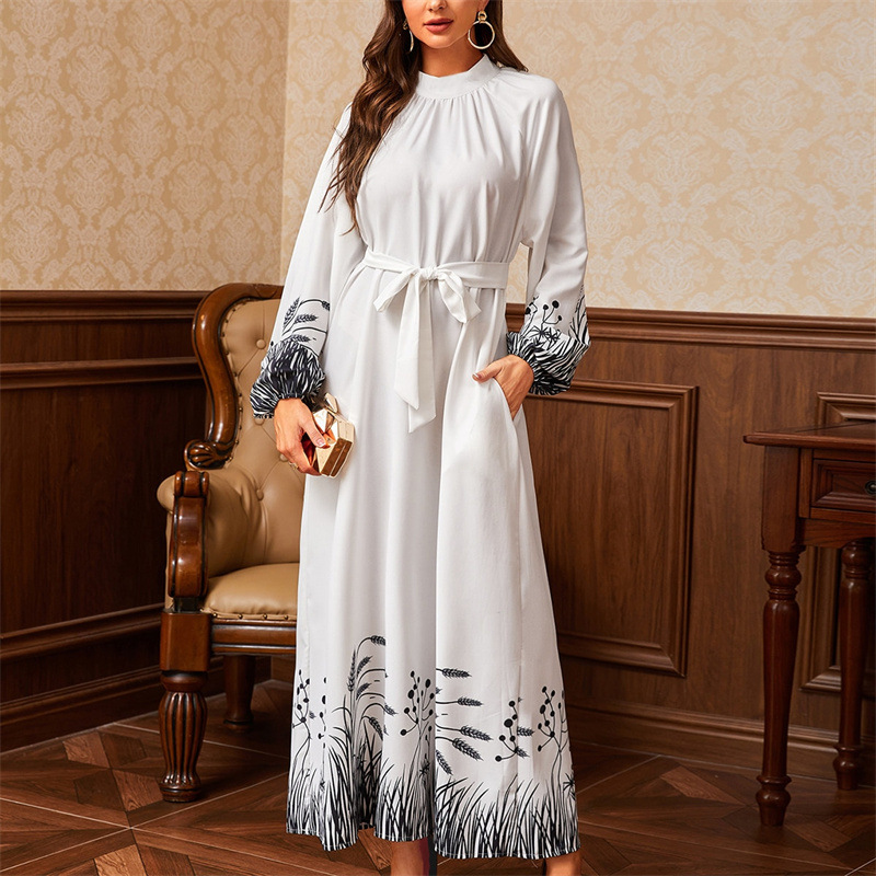 White Printed High Neck A-Line Ankle length Dress