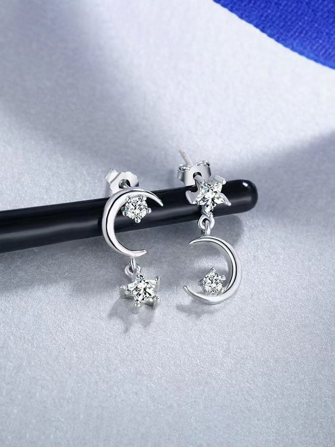 Silver Moon and Star Dangle Earrings for Women - Casual Wear.