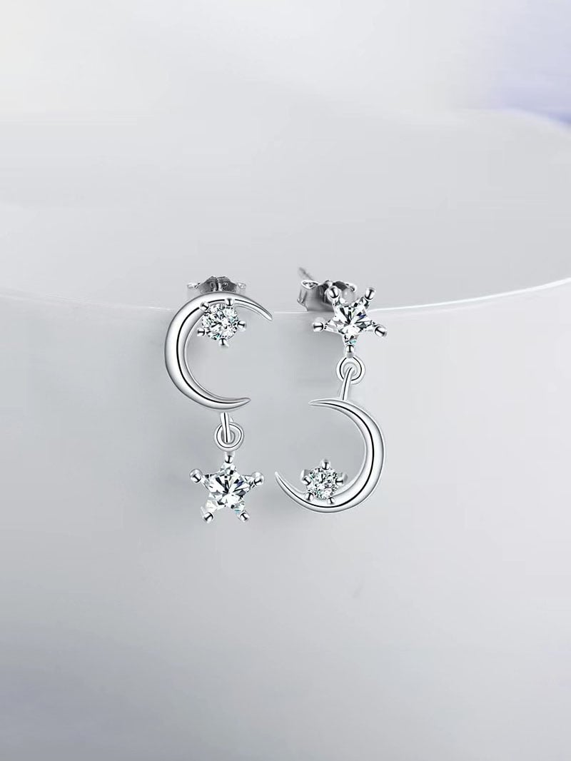 Silver Moon and Star Dangle Earrings for Women - Casual Wear.