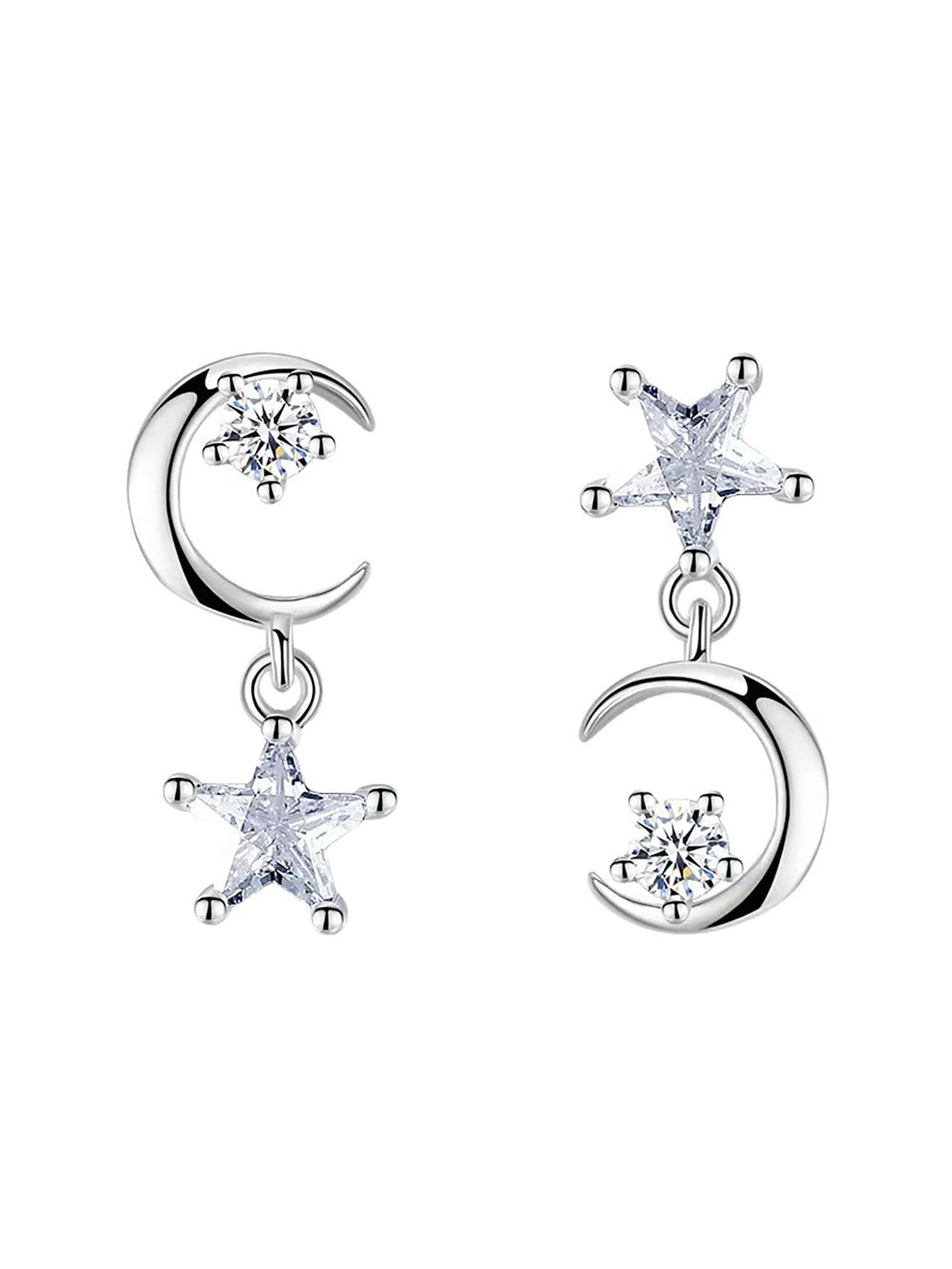 Silver Moon and Star Dangle Earrings for Women - Casual Wear.