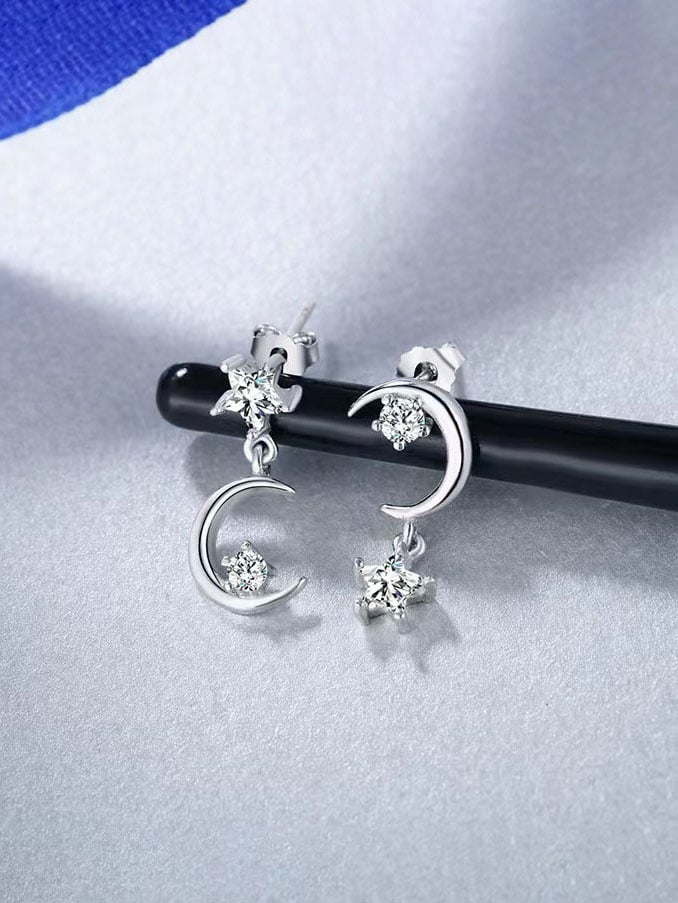 Silver Moon and Star Dangle Earrings for Women - Casual Wear.