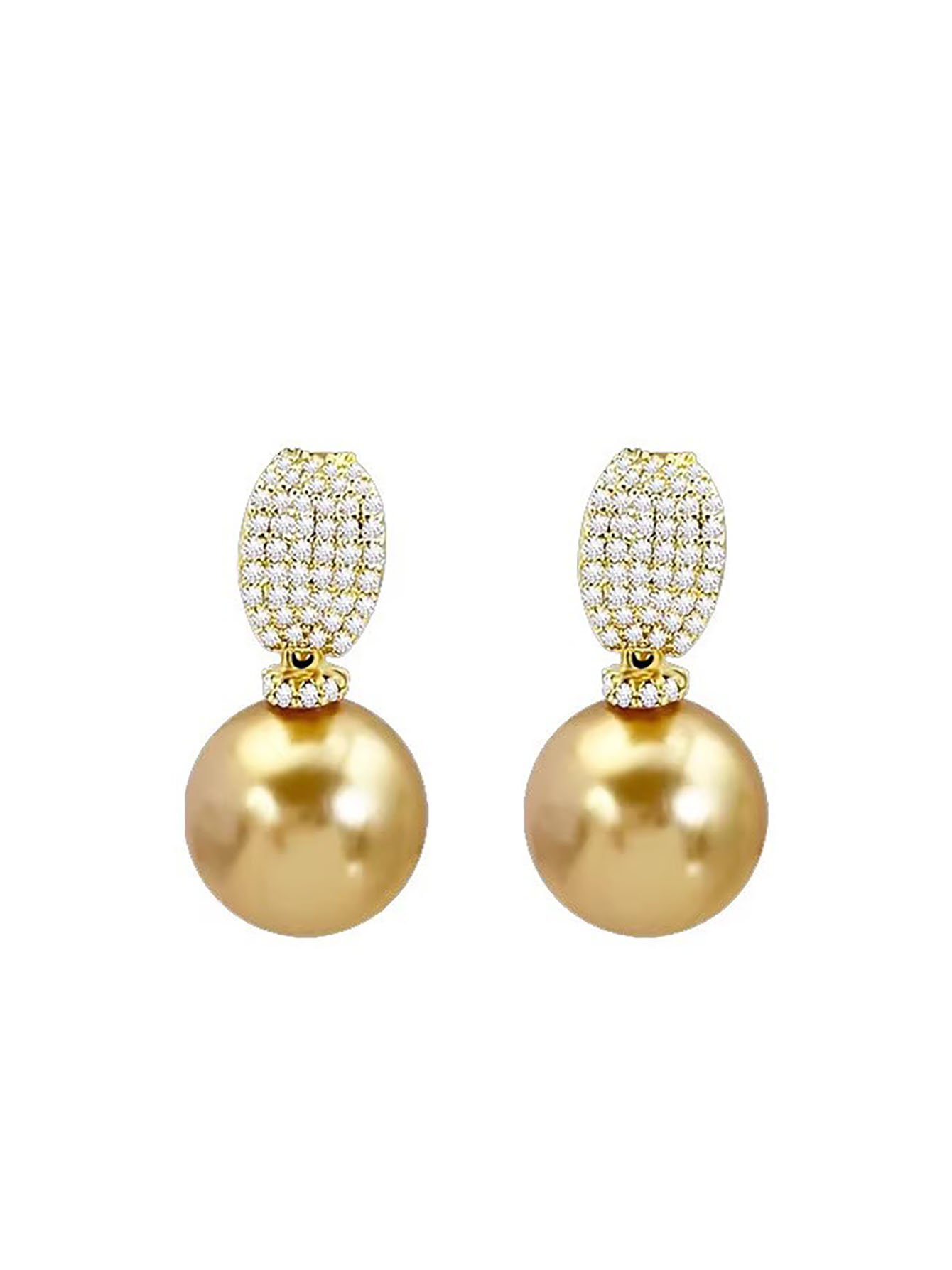 Golden Pearl Stud Earrings with Zircon Accent.