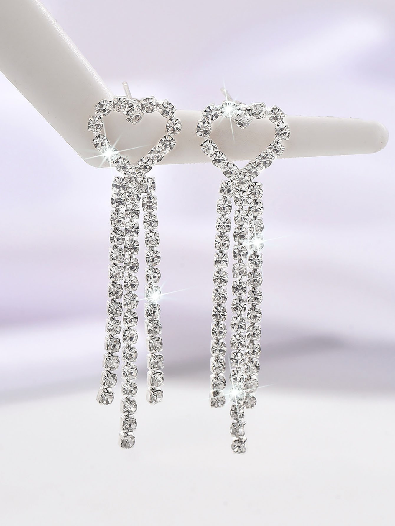 Silver Heart Dangle Earrings with Rhinestone Tassels - Casual Wear.