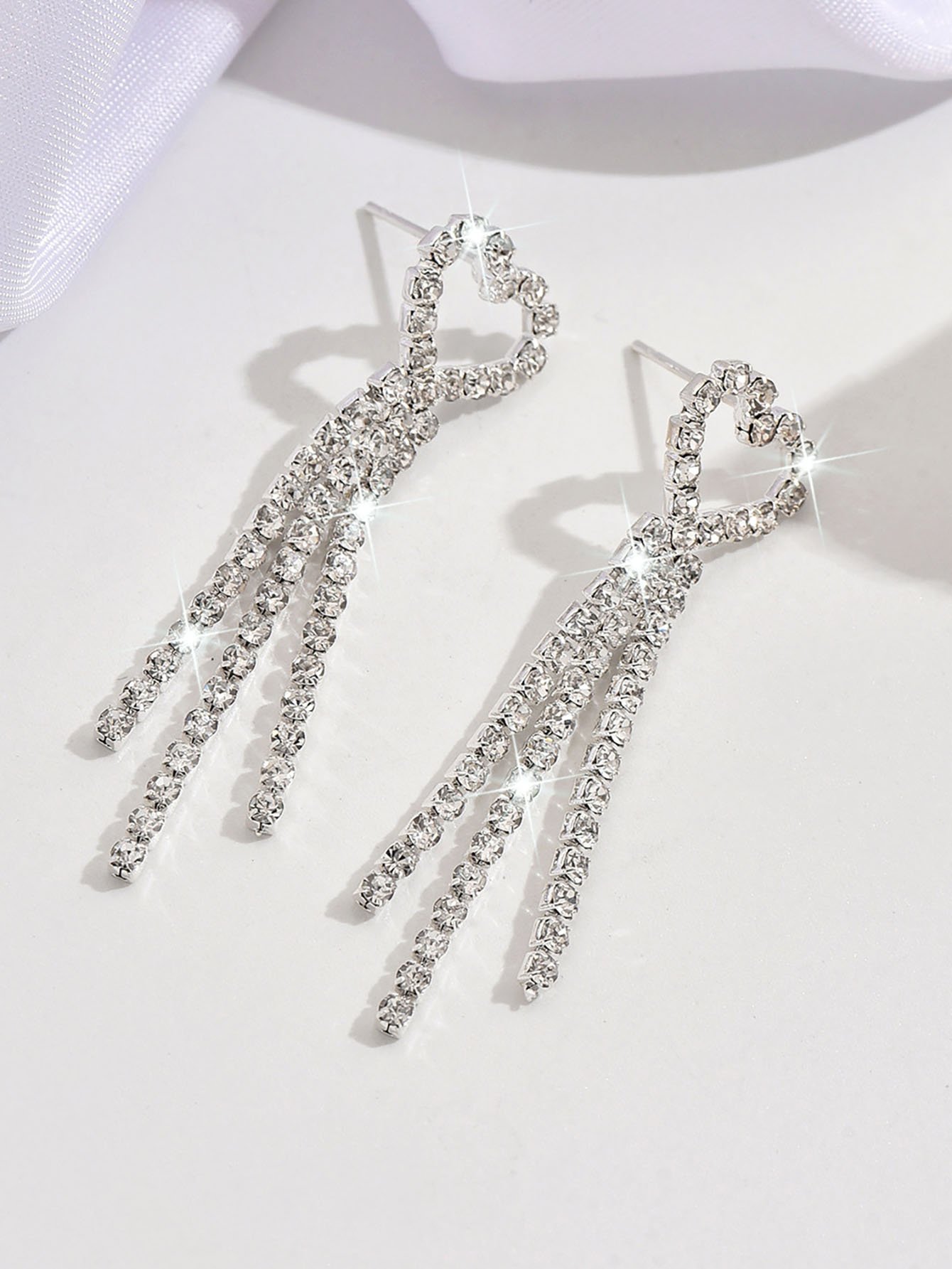 Silver Heart Dangle Earrings with Rhinestone Tassels - Casual Wear.