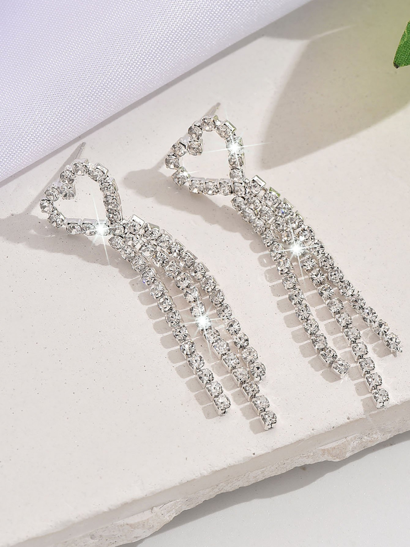 Silver Heart Dangle Earrings with Rhinestone Tassels - Casual Wear.