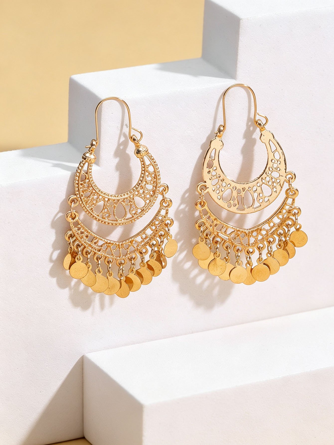 Gold Moroccan Filigree Drop Earrings with Coin Charms.