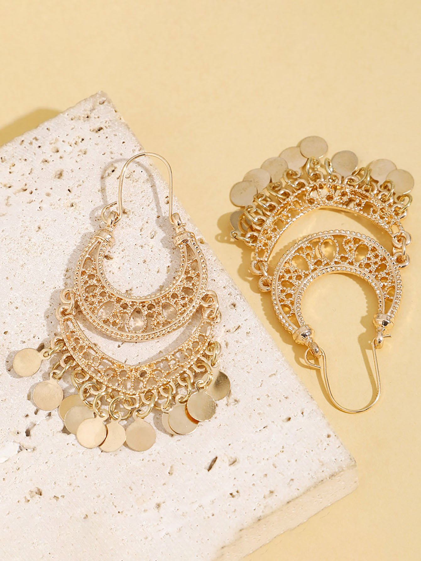 Gold Moroccan Filigree Drop Earrings with Coin Charms.