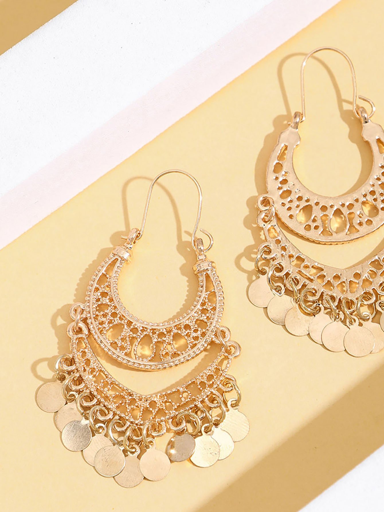 Gold Moroccan Filigree Drop Earrings with Coin Charms.