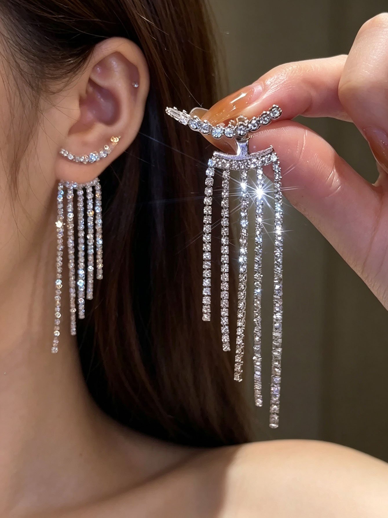 White Rhinestone Tassel Dangle Earrings for Women - Casual Sparkle.